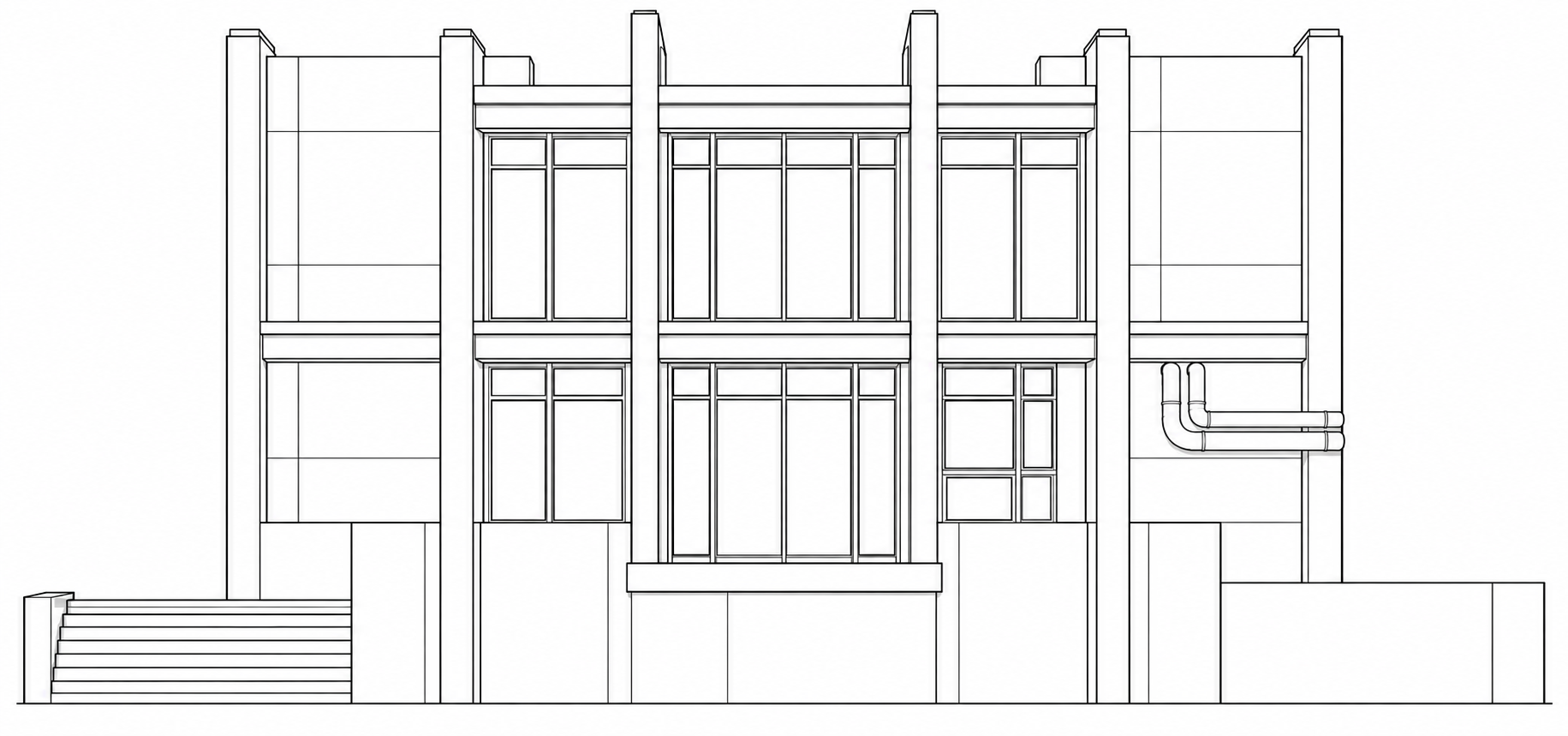 Fine architectural line drawing of a tall two-story facade with continuous beams, a raised central platform, left exterior steps and exposed service pipes on the right.